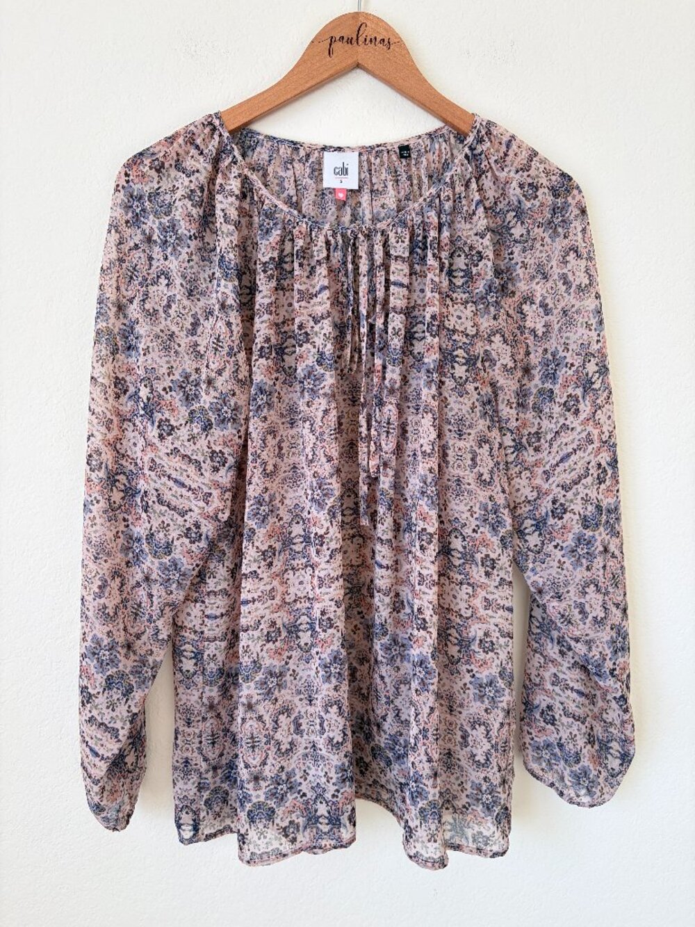 Cabi Top Womens Small Beige Floral Print Sheer Chiffon Tie Long Sleeve Blouse S